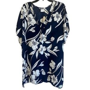 Kona Sol Women's Navy‎ Blue Floral V-Neck Caftan Bathing Suit Coverup Size MD